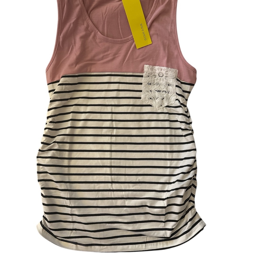 Striped Tank Top with Pink Yoke and Lace Pocket